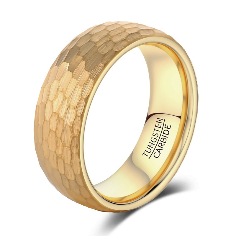 Wide Mens And Womens Gold-Plated Hammered Tungsten Carbide Ring