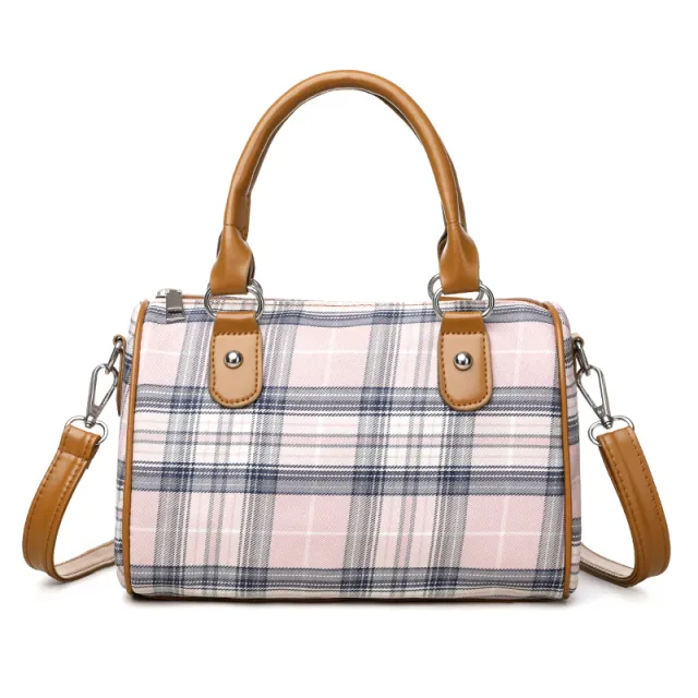 Plaid Academy Style Round Barrel Shoulder Bag Pink - Shop at LoveMi