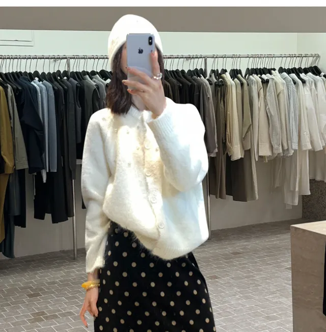 Women's Three dimensional Pearl Sweater Cardigan Loose Knitted Coat White - Shop at LoveMi