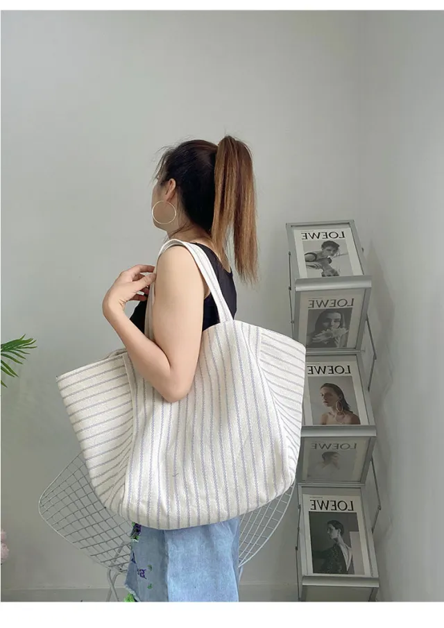 Canvas Bag For Women Ins Shoulder Large Capacity Idle Style Striped Fashion Gray - Shop at LoveMi