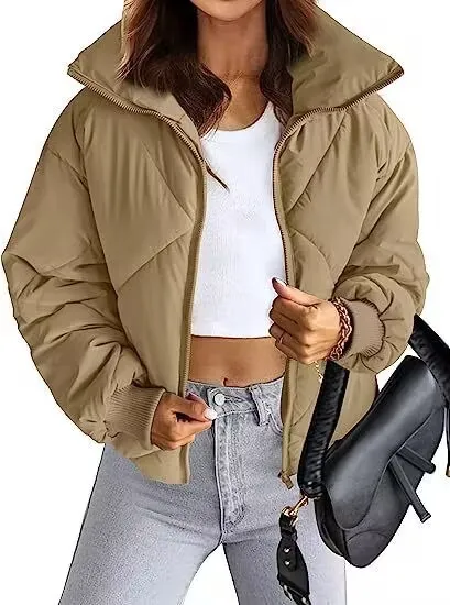 Women's Long Sleeve Zipper Winter Quilted Short Cotton Jacket Women's Bread Khaki - Shop at LoveMi
