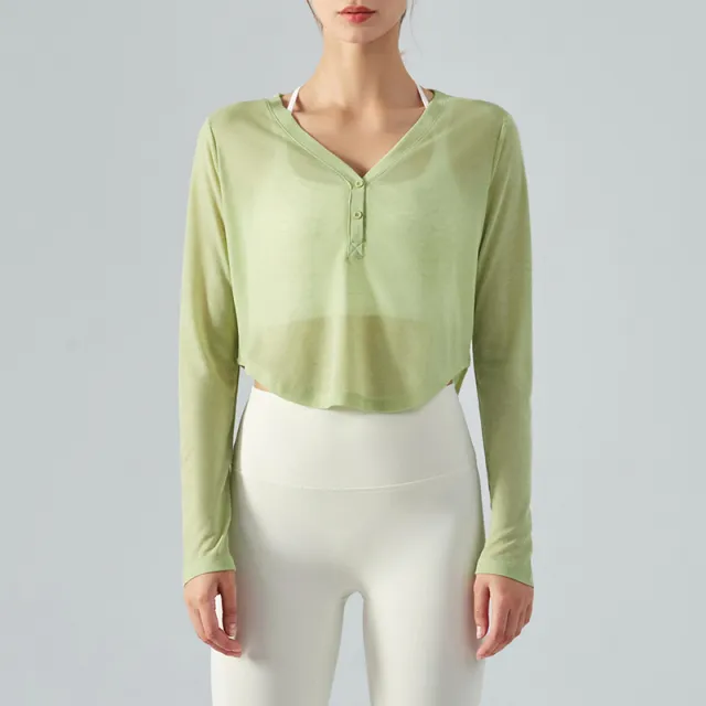 Loose V neck Yoga Blouse Long Sleeve T shirt Casual Draping Effect Celery Juice - Shop at LoveMi