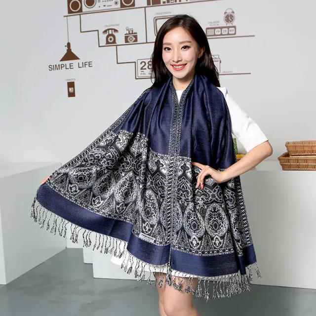 Cashew Jacquard Flower Air conditioning Shawl Scarf Navy Blue - Shop at LoveMi