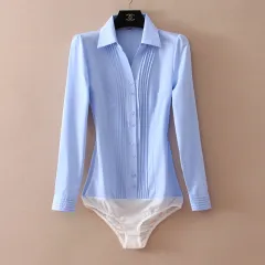 Women's Business Commute Professional One-piece Cotton Shirt - Blue With Long Sleeves Siamese - View 1