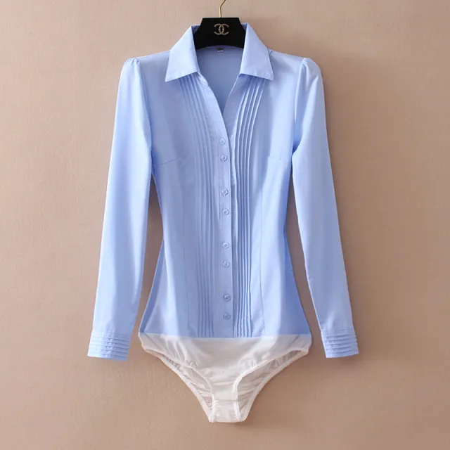 Women's Business Commute Professional One piece Cotton Shirt Blue With Long Sleeves Siamese - Shop at LoveMi