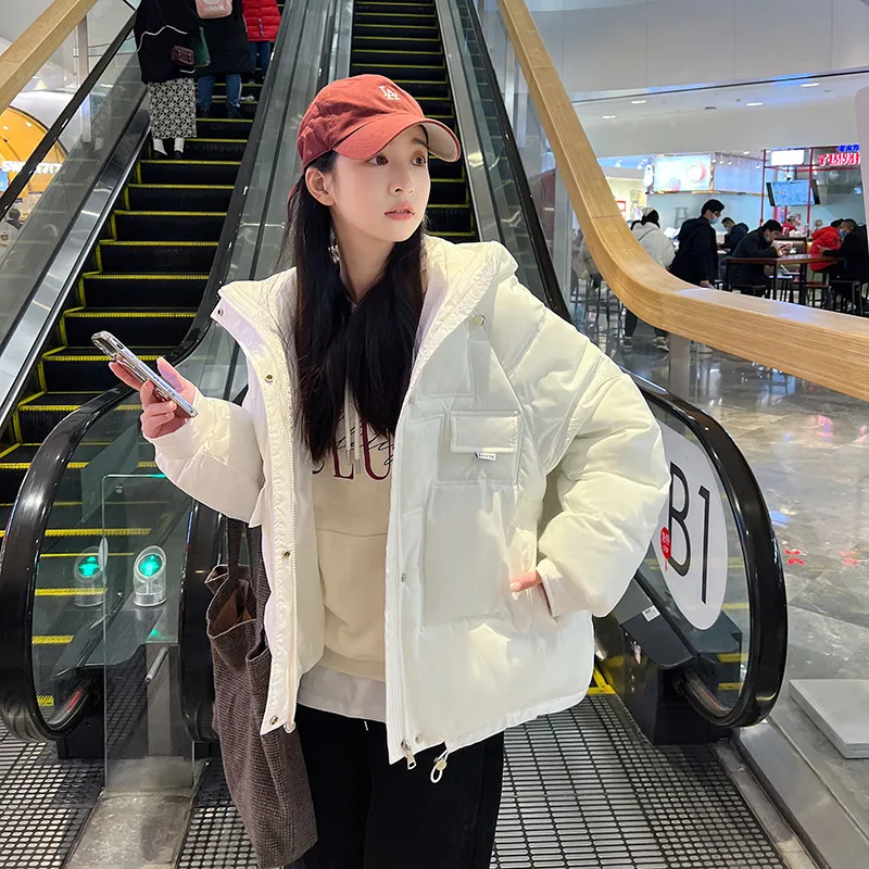 Women's Multi-pocket Cotton-padded Coat Winter New Short Thickened Bread Cotton-padded Coat - White