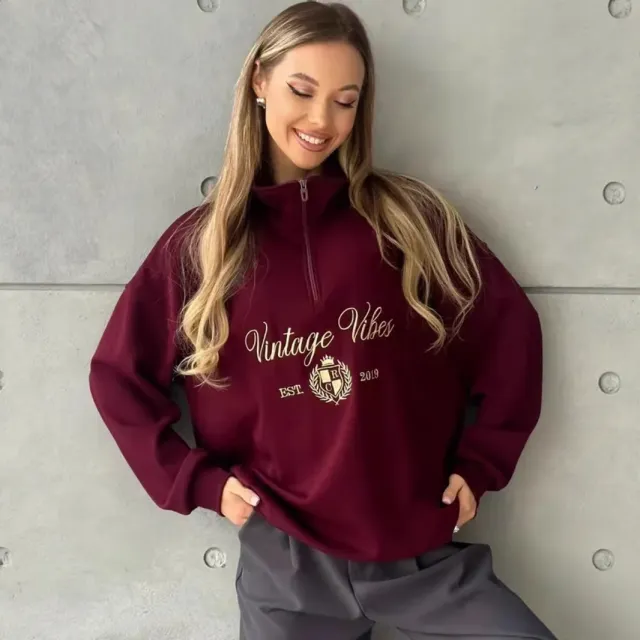 New All match Letters Printed Half Zipper Coat For Women Wine - Shop at LoveMi