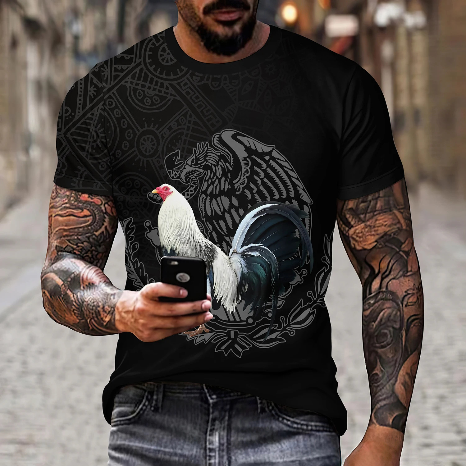 Title 6, Mens Eagle and Snake Printed T-shirt Loose Rou...