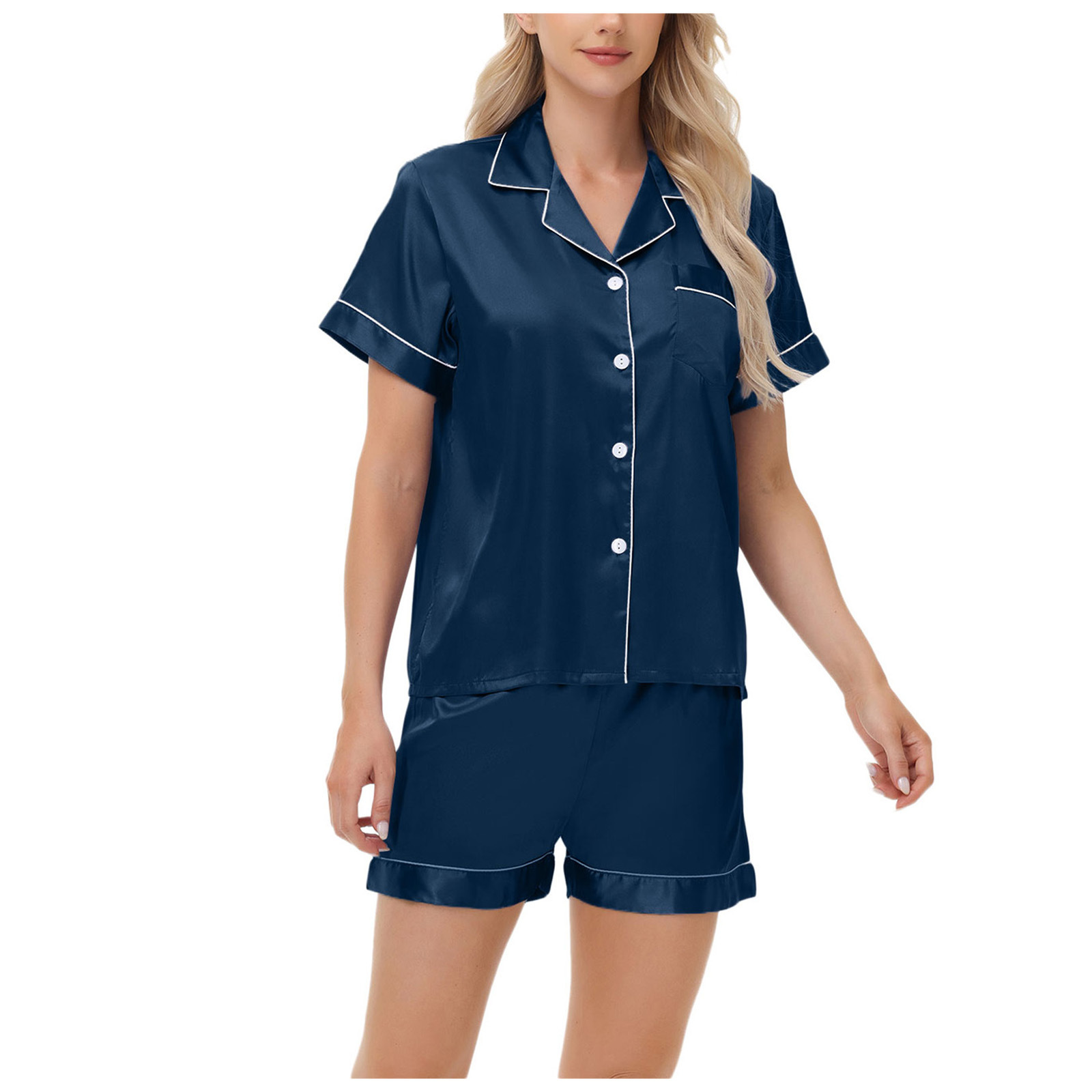 Ice Silk Women's Short Sleeve Satin Plus Size Pajamas Navy - Shop at LoveMi