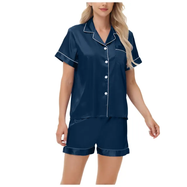 Ice Silk Women's Short Sleeve Satin Plus Size Pajamas Navy - Shop at LoveMi