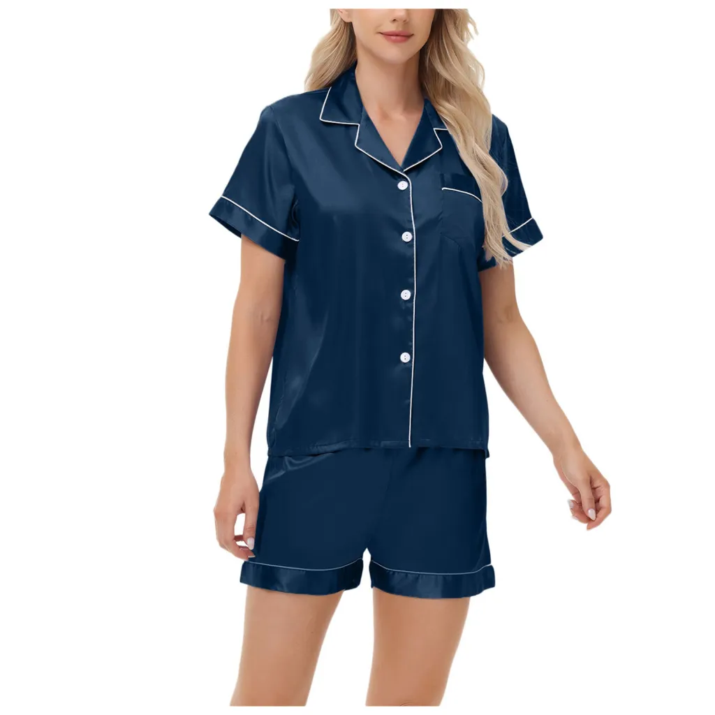 Ice Silk Women's Short Sleeve Satin Plus Size Pajamas - Navy