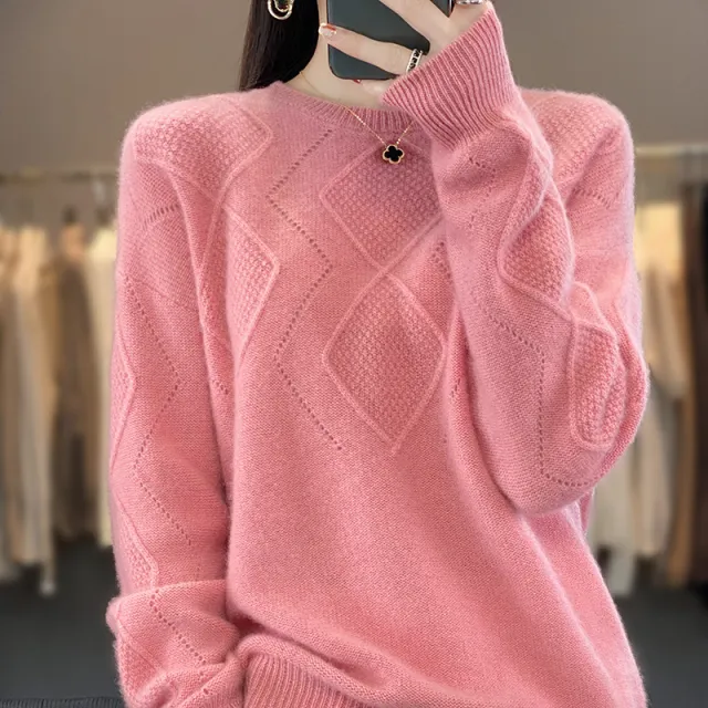 All matching Western Style Women's Pullover Top Sweater Solid Color Round Neck Rhombus Hollow Out Sweater Leather Pink - Shop at LoveMi