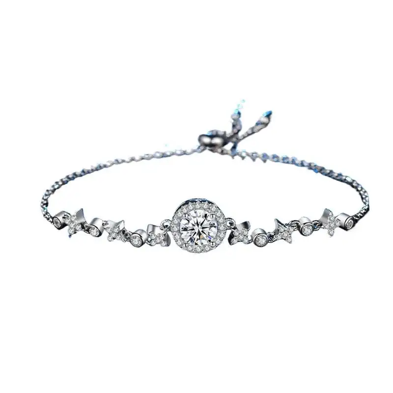 Moissanite Bracelet with 1 Carat Round Stone and Adjustable Chain