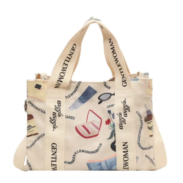 Letter Printed Canvas Bag Large Capacity Crossbody Ladies Beige - Shop at LoveMi