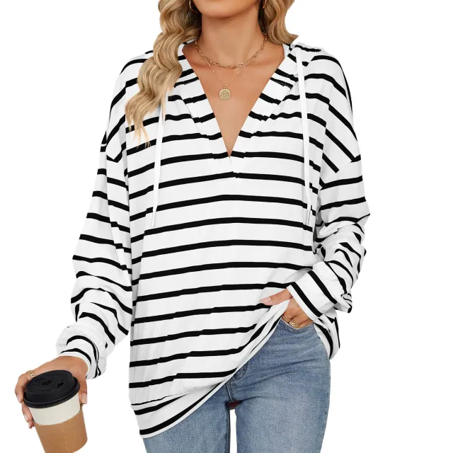Hoodie With Drawstrings Striped Long Sleeve Sweatshirt Tops White - Shop at LoveMi