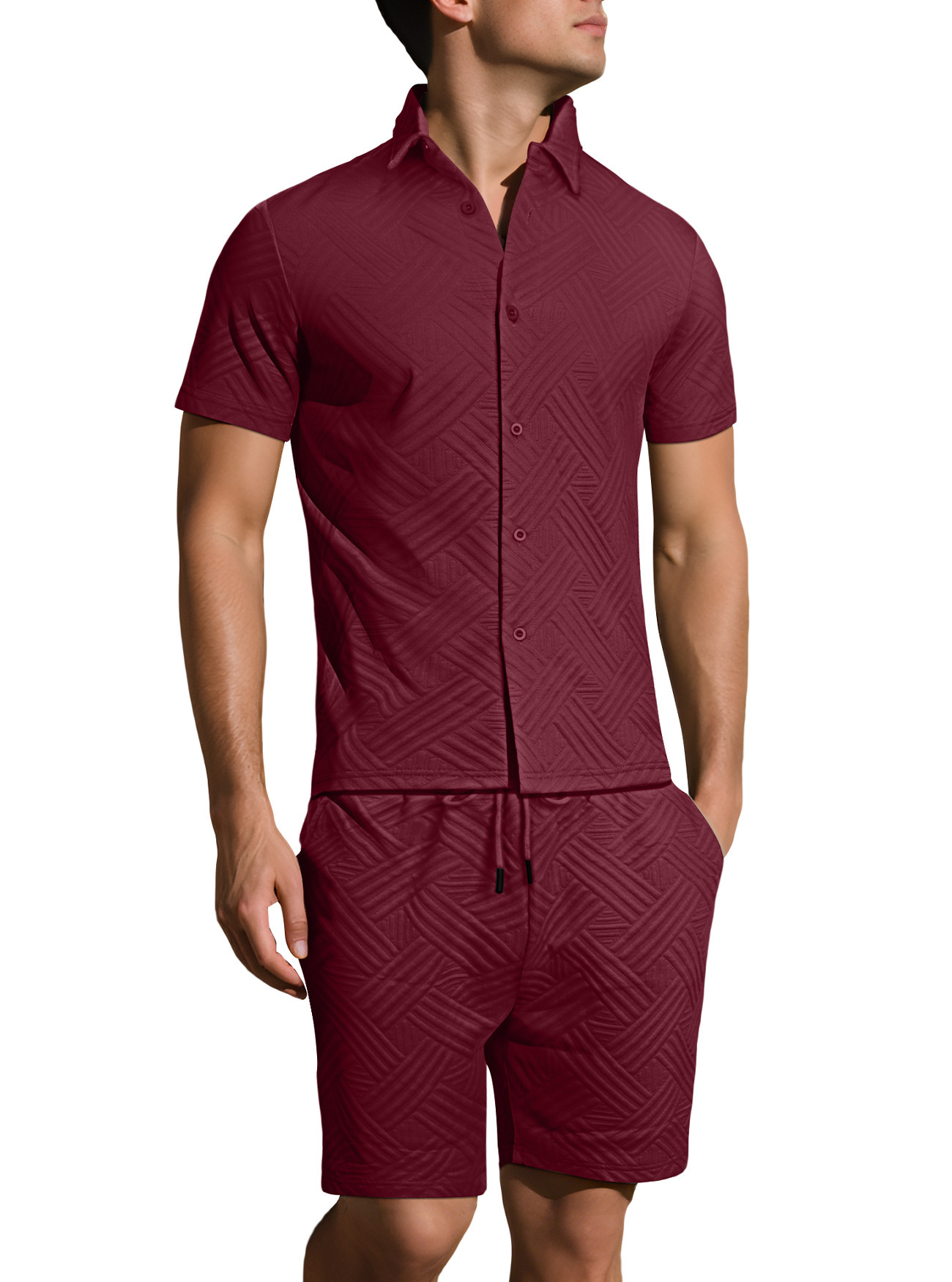 Mens Solid-Color Jacquard Shirt Casual Two-Piece Set