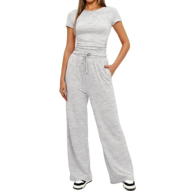 Fashion Casual Set Pleated Short Sleeves Top And Trousers Gray - Shop at LoveMi