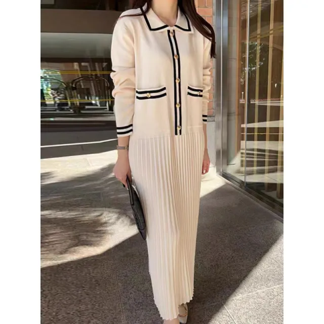 Women's Loose fit Retro Knitted Dress With Turn down Collar And Contrasting Colors Apricot - Shop at LoveMi