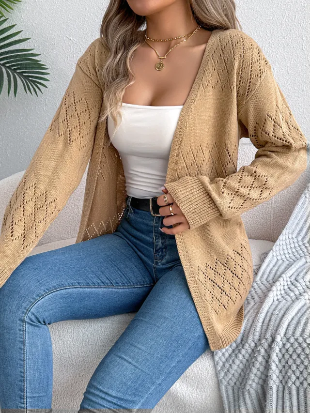 Hollow out Lantern Long Sleeve Cardigan Khaki - Shop at LoveMi