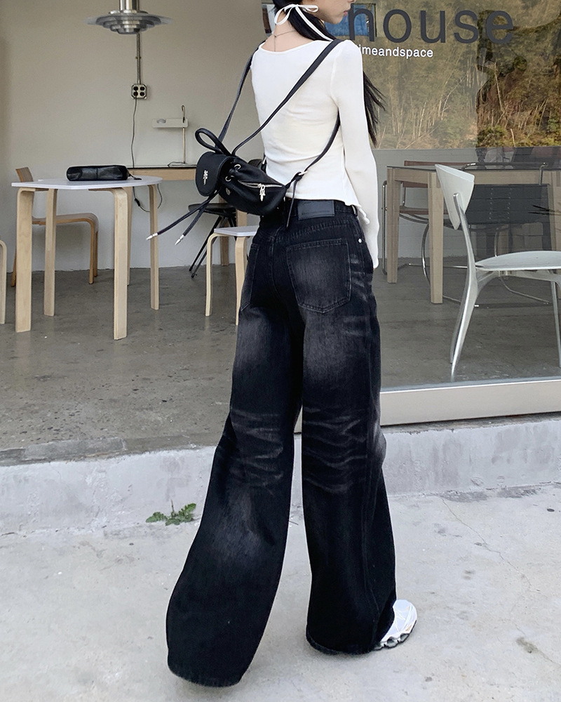 Washed All match Loose Wide Leg Mop Black - Shop at LoveMi