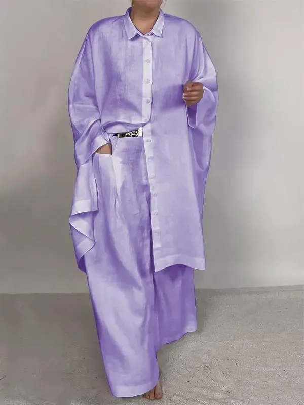 Casual Loose Solid Color Shirt Outfit Wide Leg Pants Two piece Set Purple - Shop at LoveMi