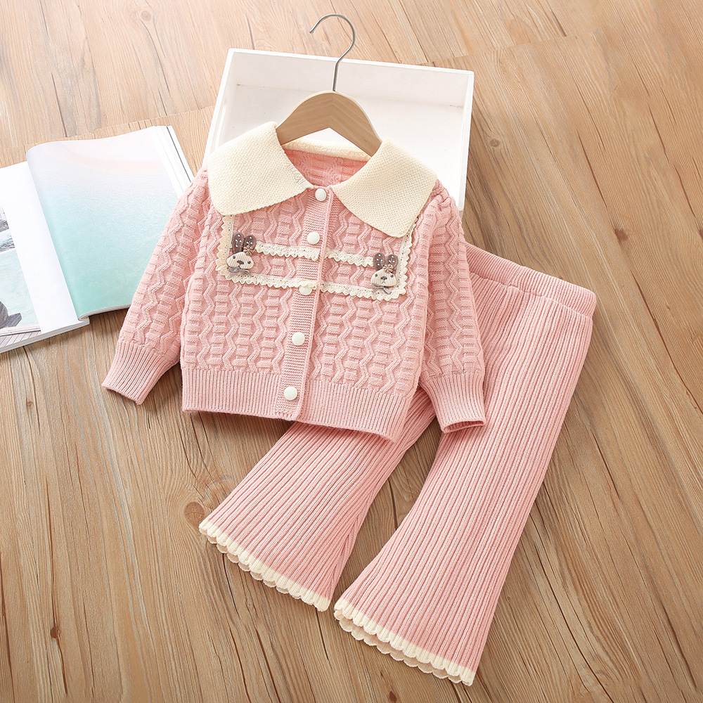 Western-style Knitted Cardigan And Trousers Two-piece Set For Baby Girls