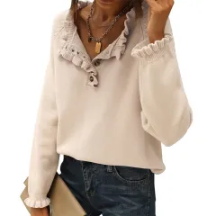 Women's Knitted New Casual Long-sleeved Button Ruffled Pullover Sweater - Apricot - View 1
