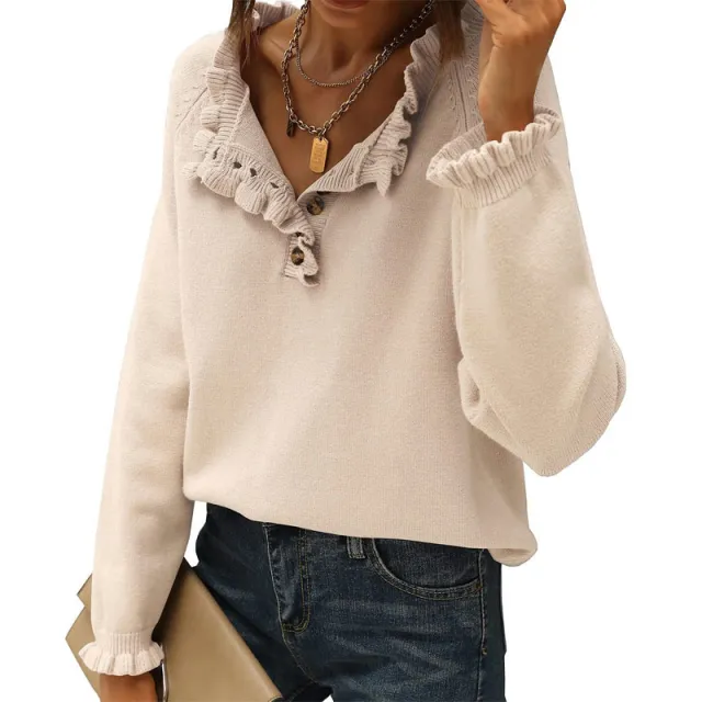 Women's Knitted New Casual Long sleeved Button Ruffled Pullover Sweater Apricot - Shop at LoveMi