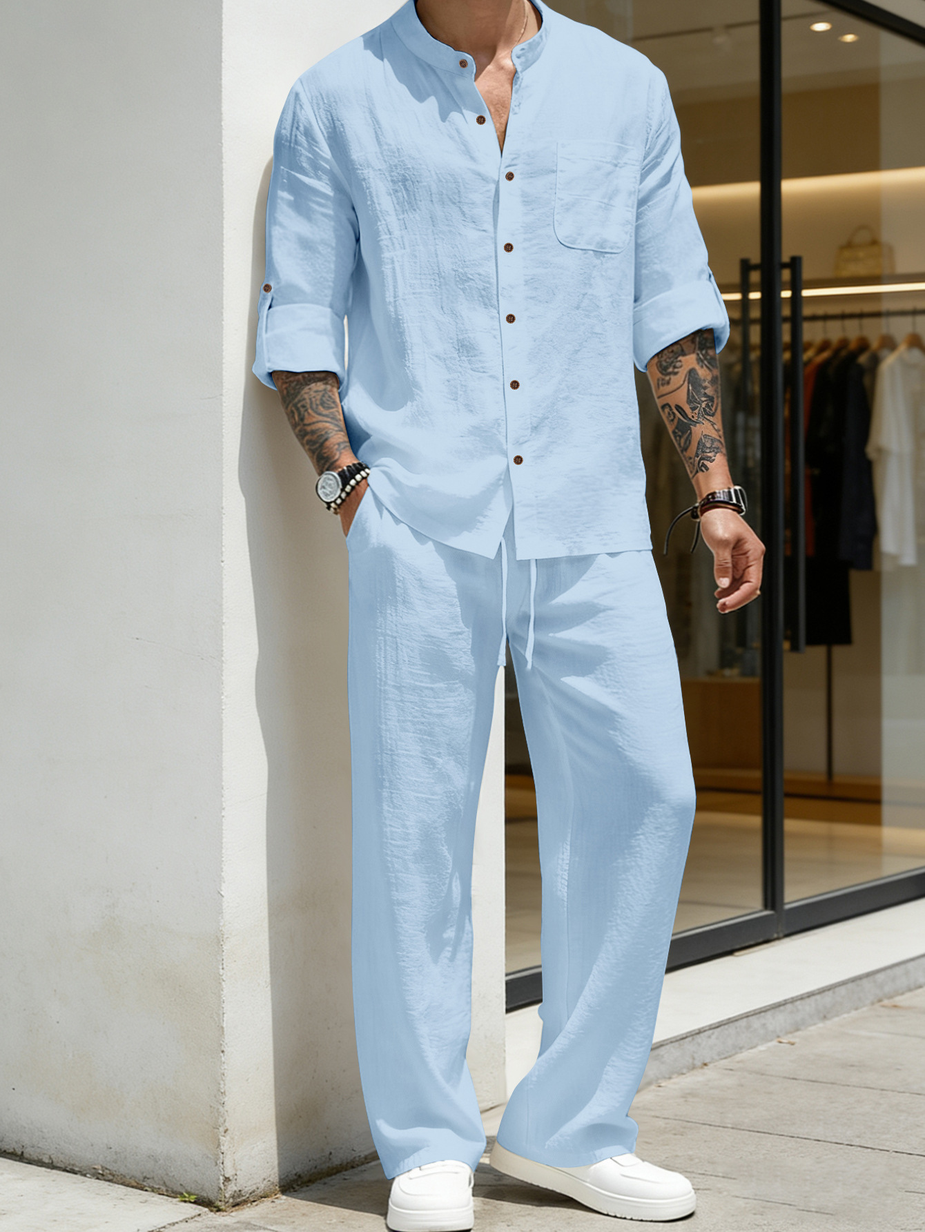 Mens Solid-Color Linen Long-Sleeve Shirt And Pants Two-Piece Set 3
