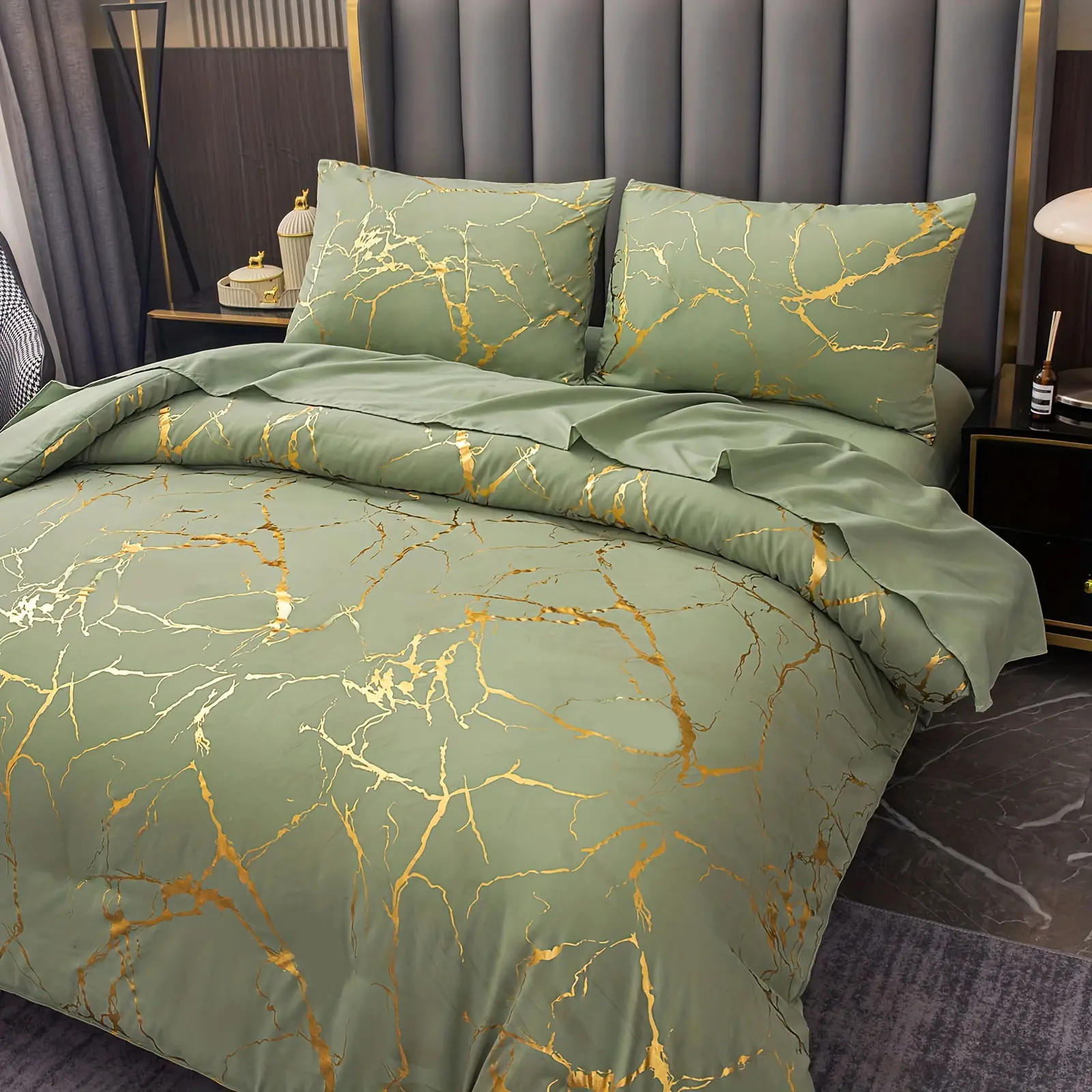 Gold-foil Marbled Marble-pattern Duvet Cover And Pillowcases