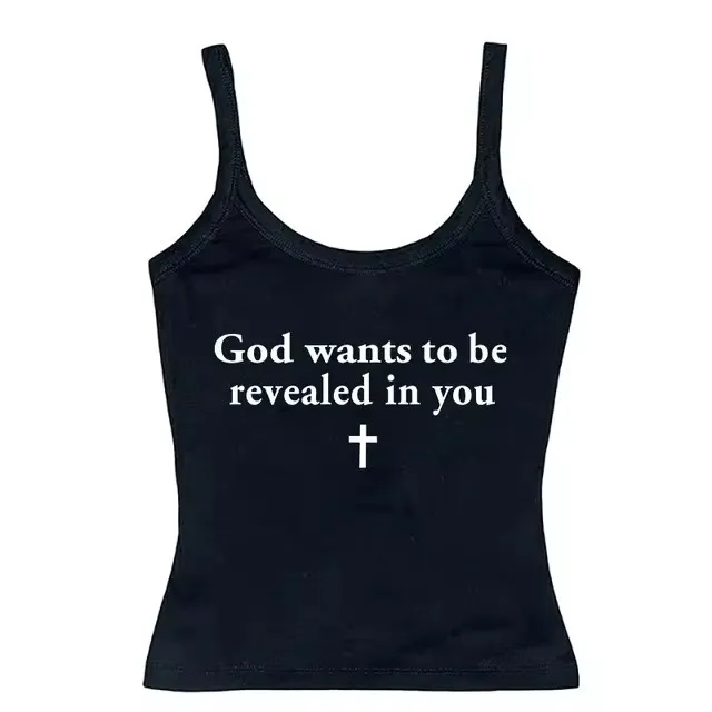 Vintage Cross Letter Printed Camisole Top Black - Shop at LoveMi