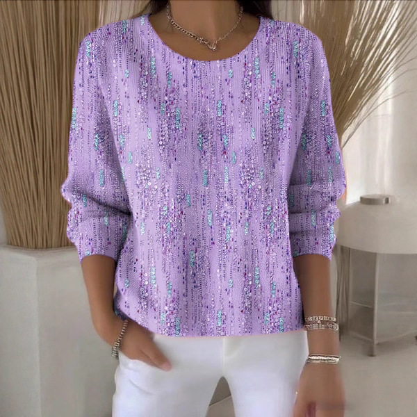 Womens Fashion 3D Digital-Print Crew-Neck Long-Sleeve Top