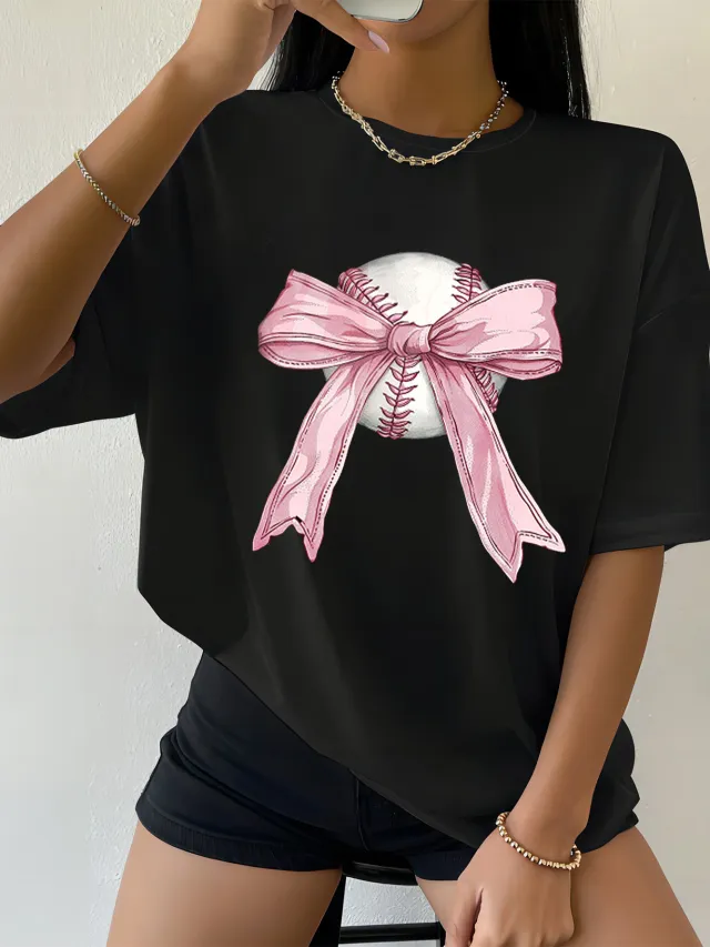 Letter Pattern Loose Casual Print Drop Shoulder Short Sleeve Zb111727P Baseball Bow - Shop at LoveMi