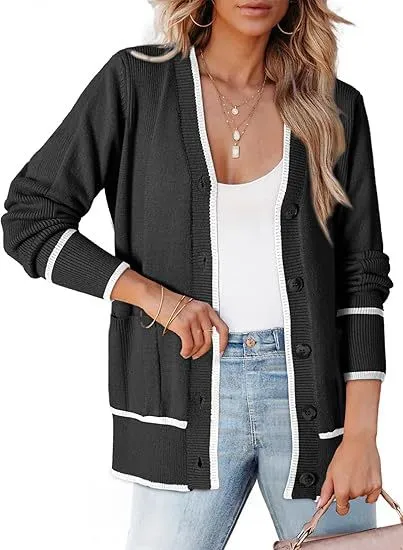 Women's Knitted Button Coat Color Matching Sweater Black - Shop at LoveMi