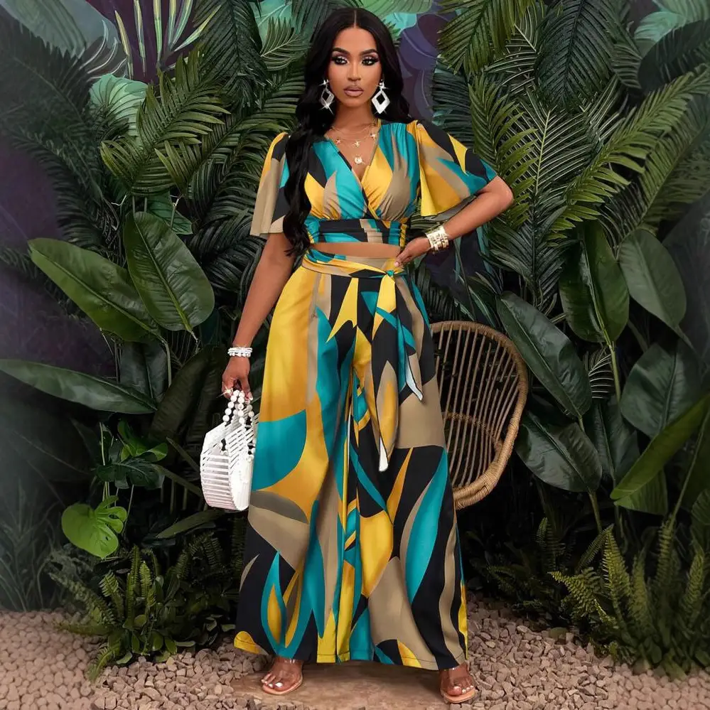 Women's Wear Tropical Printing Pleated Butterfly Sleeve Top Drawstring Wide Leg Trousers Suit