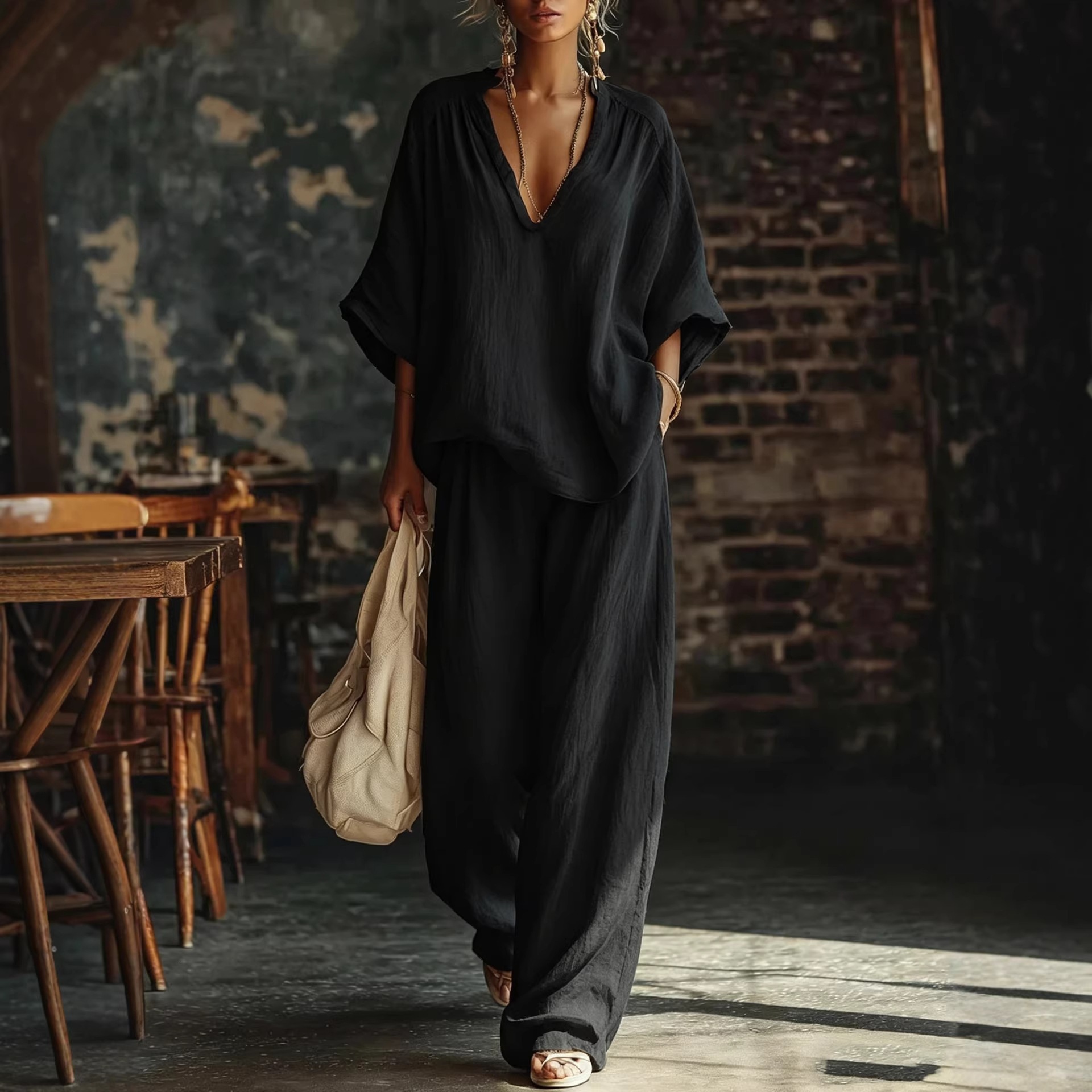 V-Neck Loose Short-Sleeve Top & Pants Set in Black – sleek casual everyday look