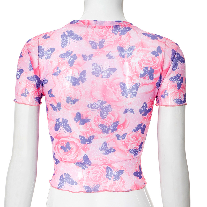 Title 15, Butterfly Print Round Neck Midriff-baring T-shirt