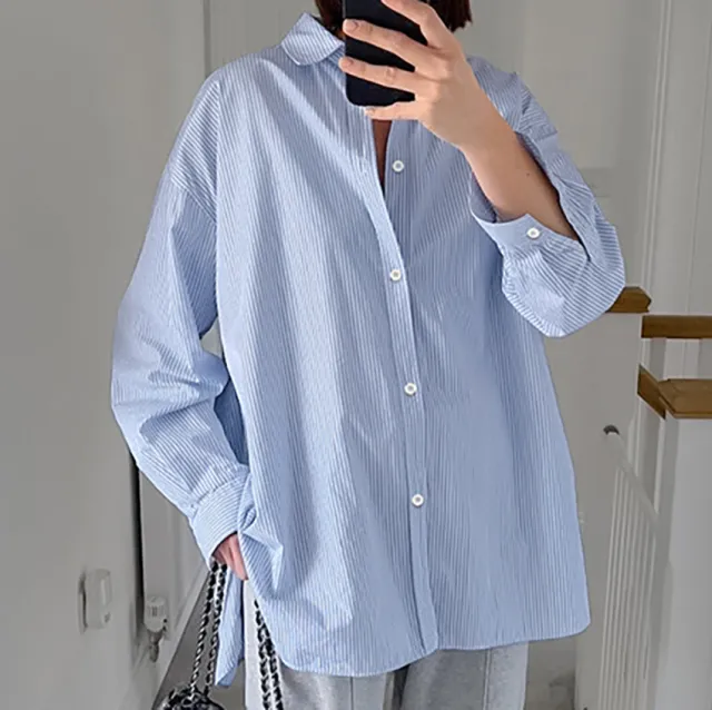 Blue Striped Long sleeved Shirt Fashionable Women's Design Blue - Shop at LoveMi