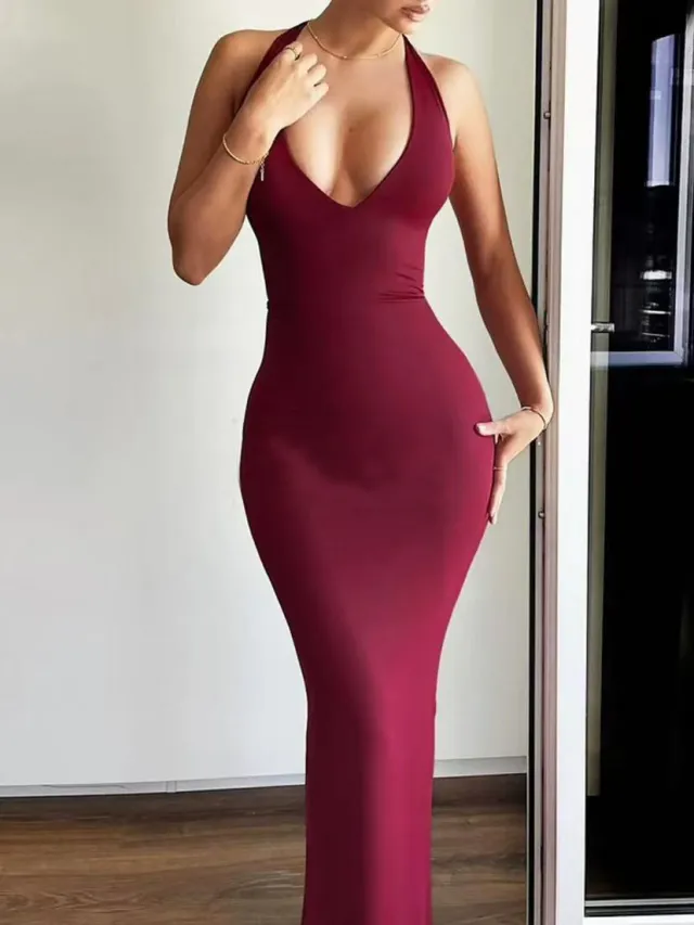 SpringSummer Halter Bodycon Dress One Piece Red - Shop at LoveMi