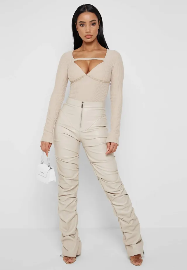 European And American Fashion Tight PU Leather Trousers Personalized Shrinkage Bootcut Trousers Women White - Shop at LoveMi