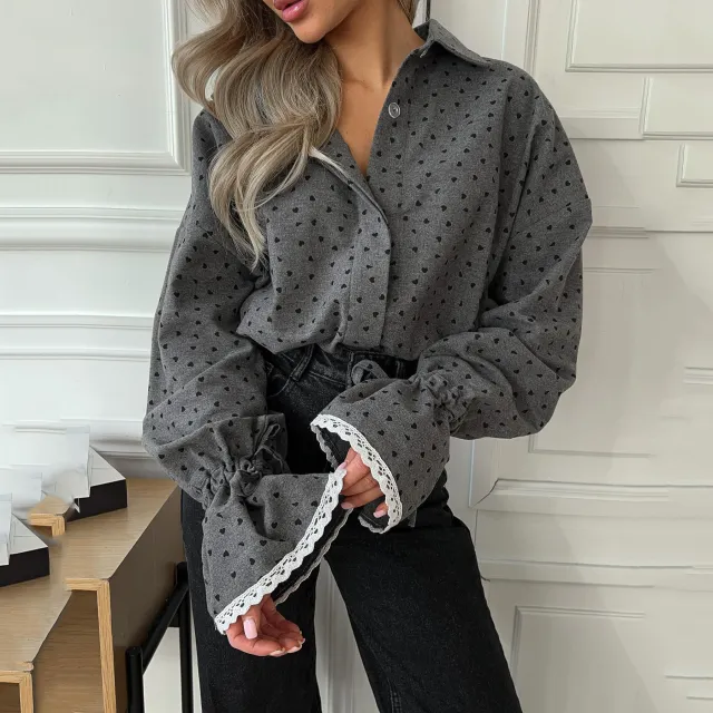 Elegant High end Heart Shape Printed Button Shirt For Women Ls3238 Gray - Shop at LoveMi
