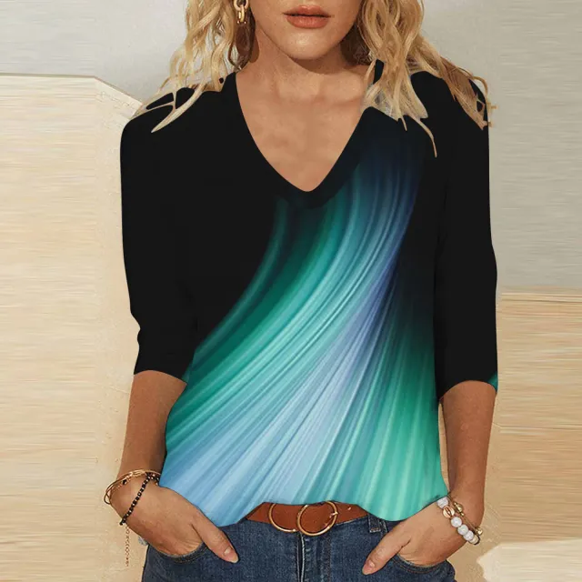 Digital Printing V neck 34 Sleeves V neck Casual Women's Top T shirt Vqfxch14453 2Xl - Shop at LoveMi
