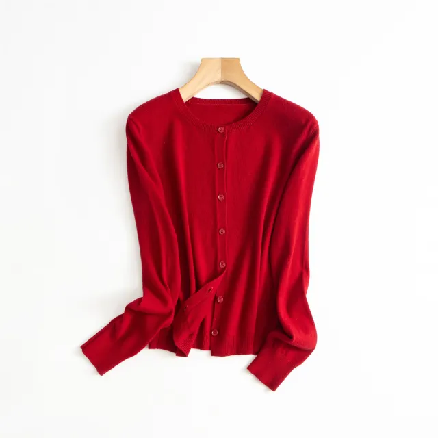 Spring Round Neck Knitted Cardigan Women's Thin Long Sleeve Sweater Coat Space Red - Shop at LoveMi
