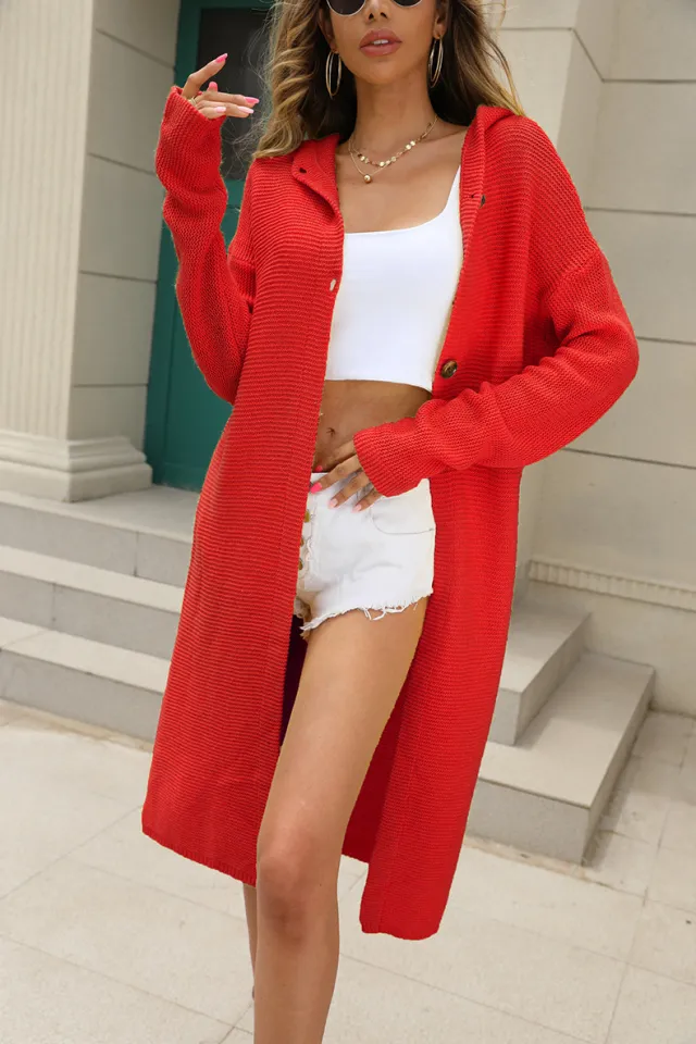 Sweater Cardigan Solid Color Long Sleeve Hooded Long Knitted Cardigan Women's Coat Red - Shop at LoveMi