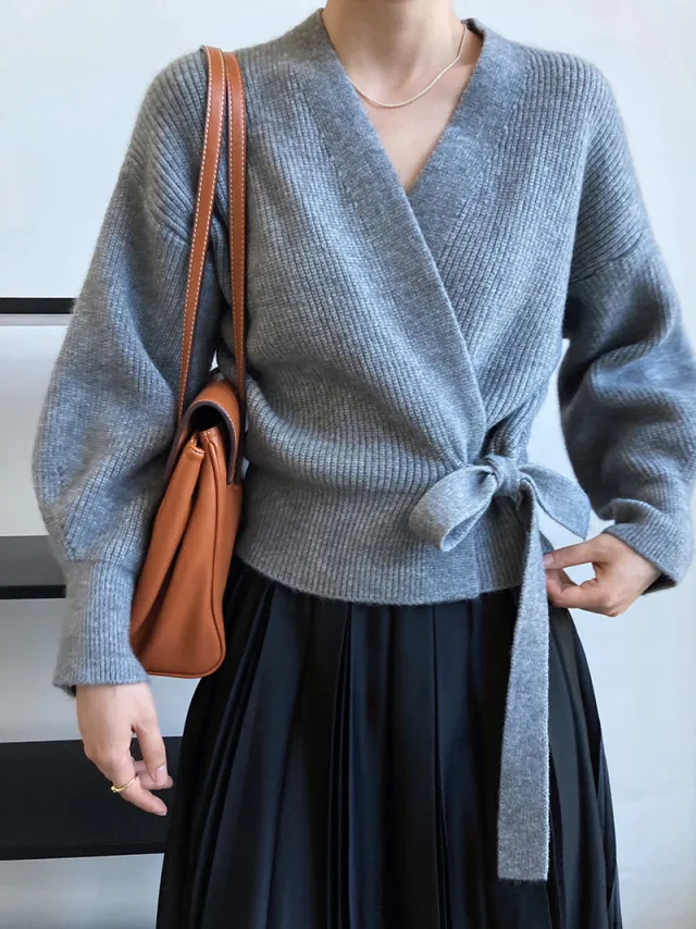 Women's Fashion Retro V neck Lace up Loose Outer Wear Knitted Cardigan Gray - Shop at LoveMi