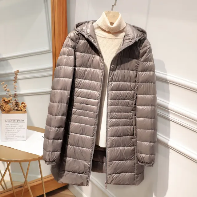 Down Jacket Women's Mid length Hooded Slim Fit Light Coat Gray - Shop at LoveMi
