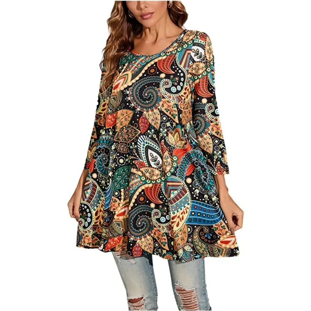 Casual Three quarter Sleeve Floral Flowy Loose Round Neck T shirt A5 - Shop at LoveMi