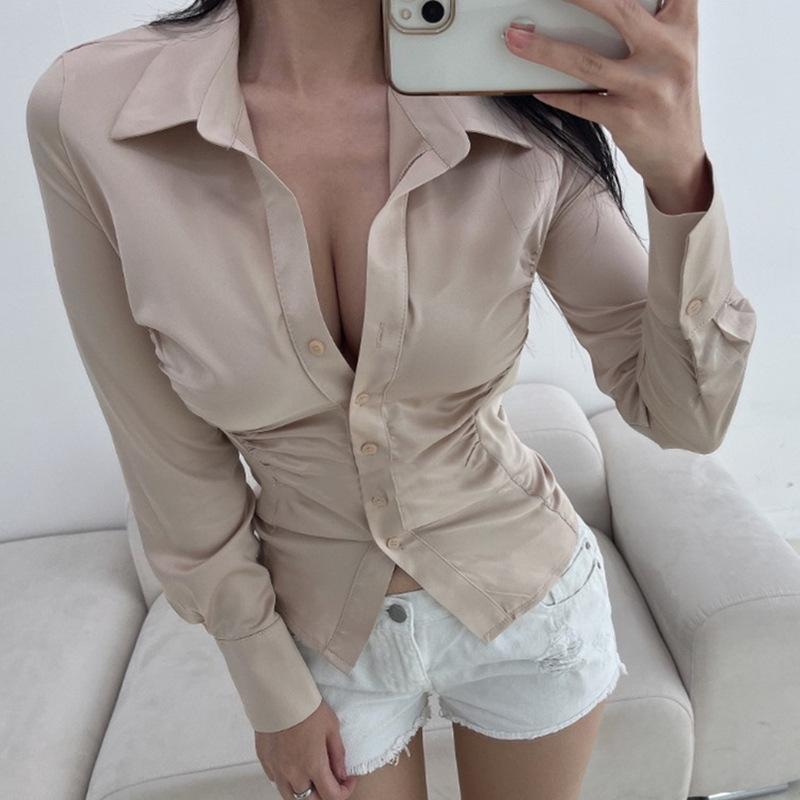Autumn And Winter New Elegant Pleated Waist Tight Slim Lapel Slimming Shirt For Women - Image 3