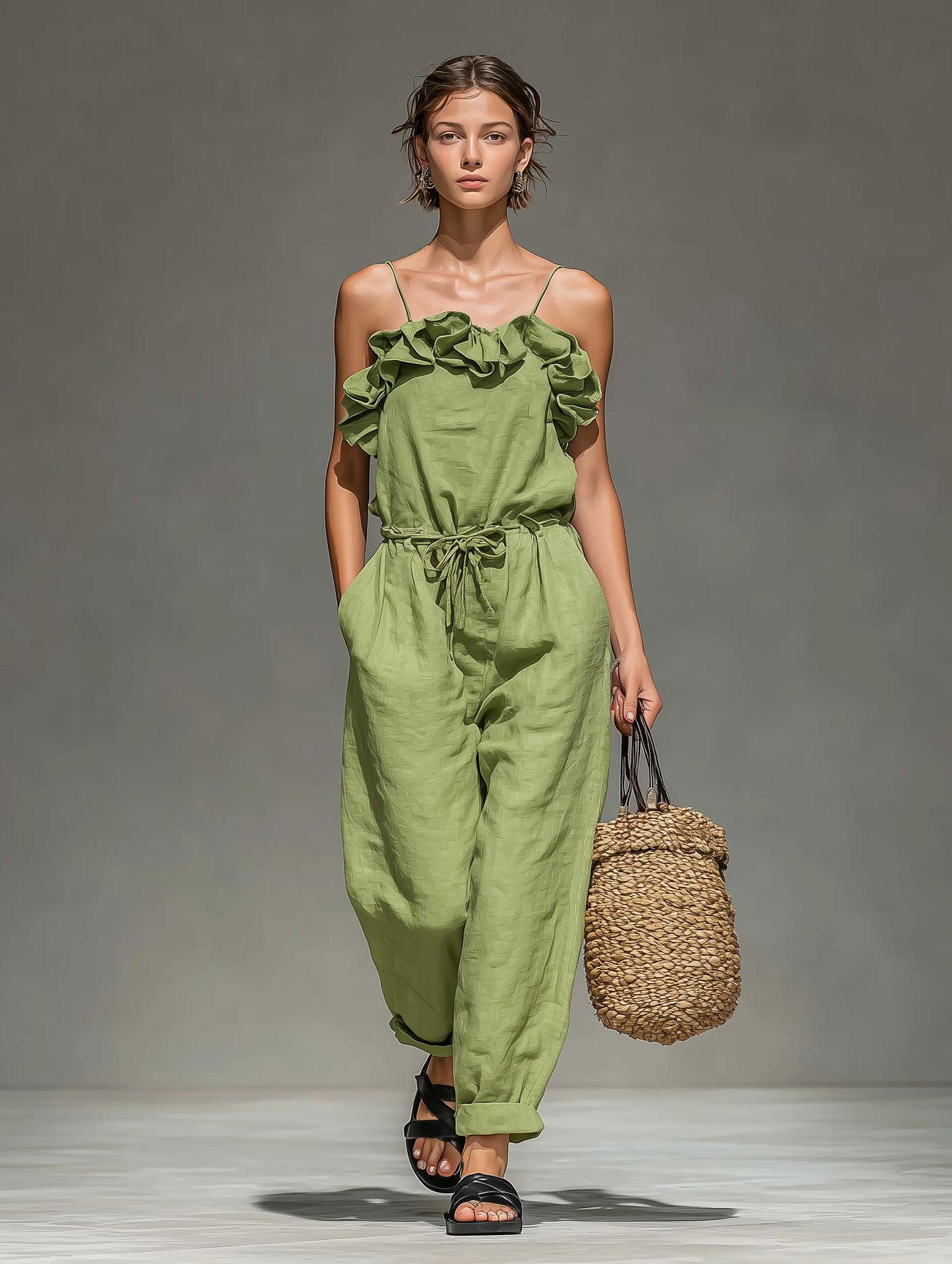 Women's Off-Shoulder Ruffle Wide-Leg Cropped Jumpsuit – Front View