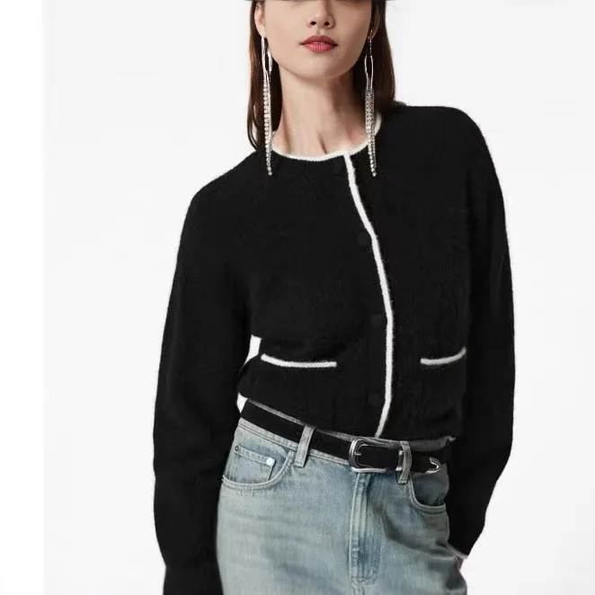 Loose Multicolor All-match Wool Blended Knitted Cardigan Sweater - Black